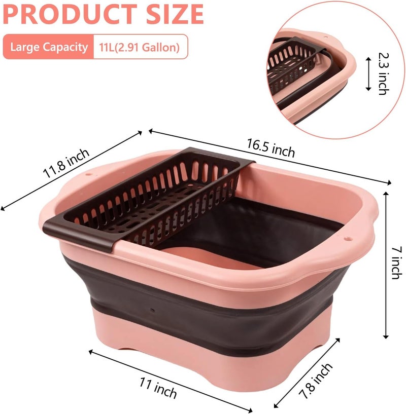 DAECHAO Collapsible Dish Basin with Drain Plug, 11L/2.91 Gallon Portable Bucket for Dish Pan and Vegetable, Space Saving Wash Basin for Station Campin/Camping/Rv/Kitchen(Pink) - Image 3